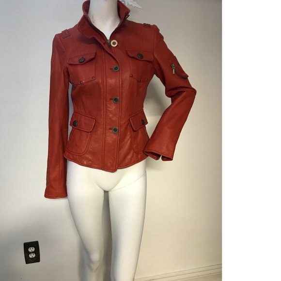 Danier Burnt Orange Red Italian Soft Leather Fitted Biker Moto Jacket Coat - Picture 3 of 12